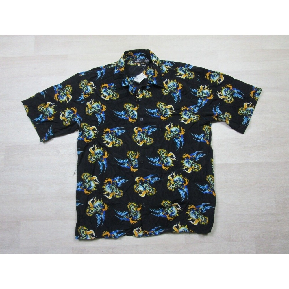 Vintage 90s Y2K City Impact AOP Skull Skater Tribal (M) Deadstock Shirt Evil Eye